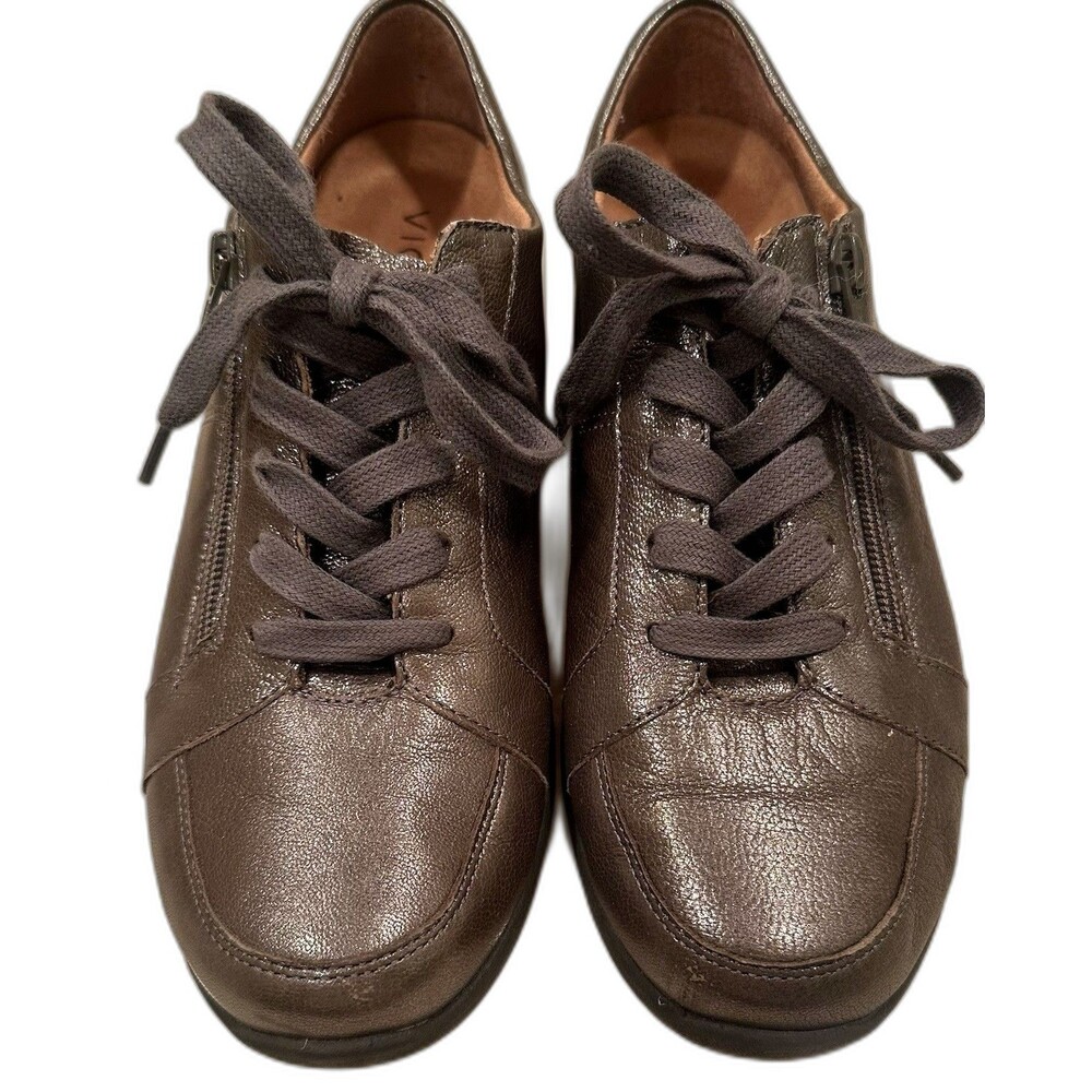 Vionic Abigail Metallic Leather Sneakers Size 8 Pewter Orthotic Comfort Shoes
